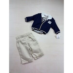 BT Kids Baby Boy 3 Piece Set Navy Cardigan Striped Polo Khaki Pants 3-6 Months